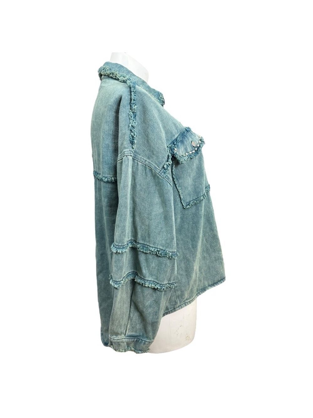 POL Frayed Denim Shacket Jacket Size L Blue Snap Front Distressed Western Style - Picture 5 of 10